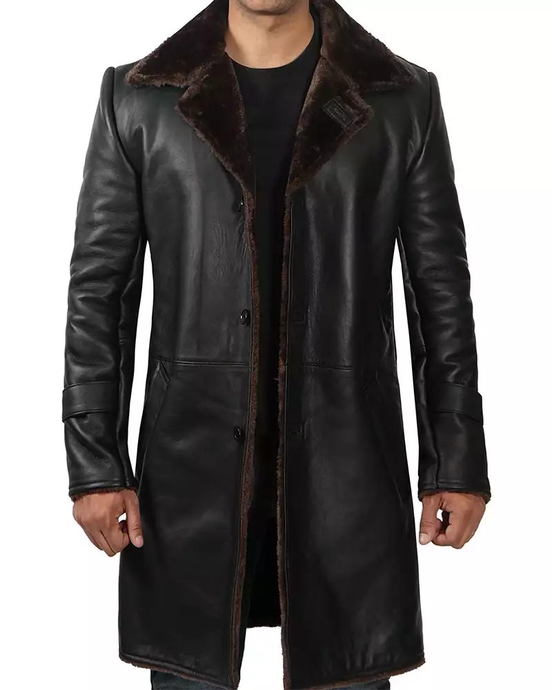 Mens Black Leather Shearling Coat