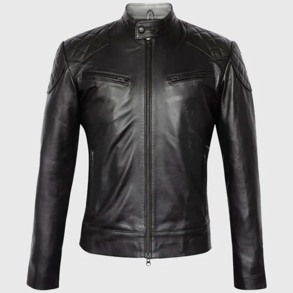 Quilted Cafe Racer Biker Leather Jacket