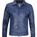 Mens Classic Blue Leather Trucker Jacket – Genuine Lambskin