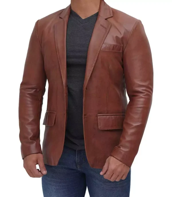 Men's two button tan leather blazer