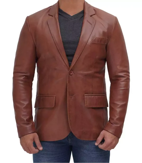 two button tan leather blazer