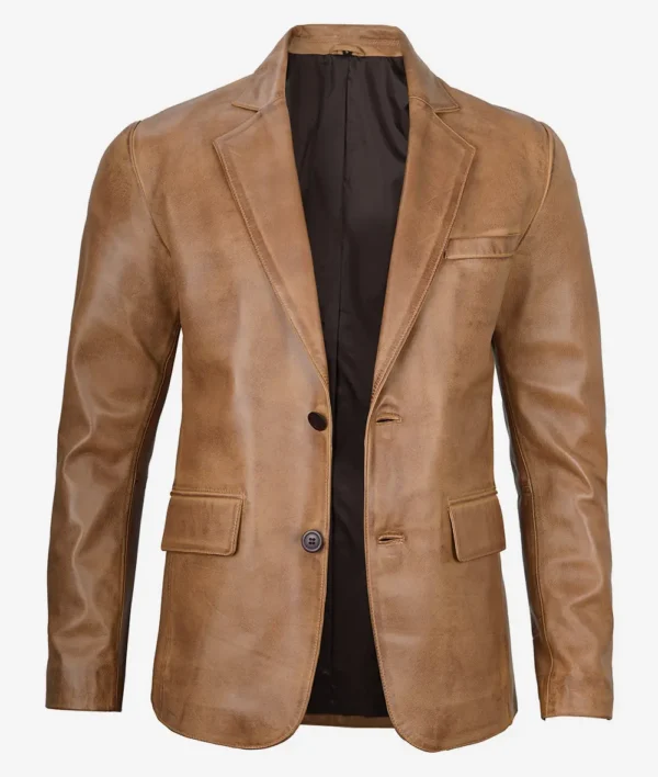 Mens Two Button Camel Brown Leather Blazer