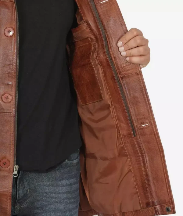 Men's Real Lambskin Brown Leather Cognac Car Coat