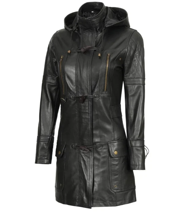 Women's mid-length black leather hooded coat