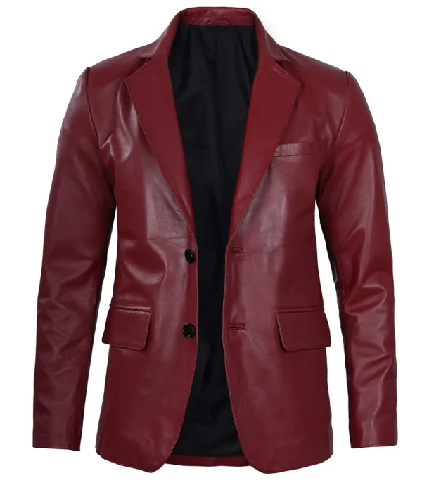 Men's Notch Lapel Maroon Leather Blazer – Two Button