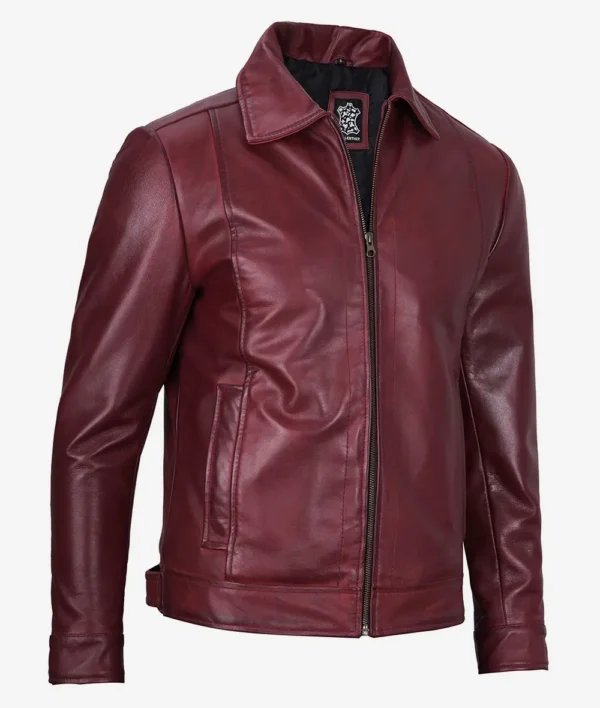Men's classic shirt collar maroon leather jacket