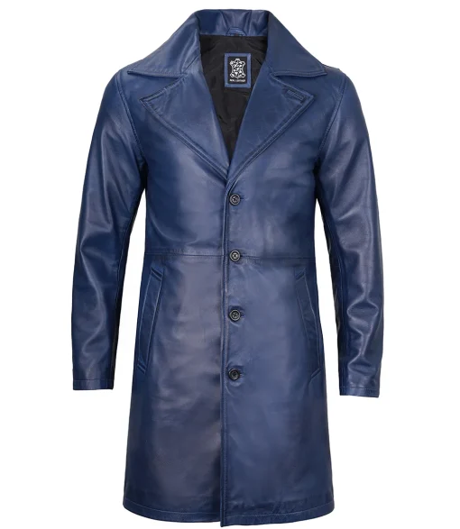 Mens Real Leather Blue Car Coat