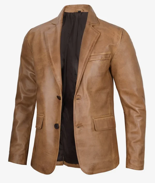 Mens Two Button Camel Brown Leather Blazer