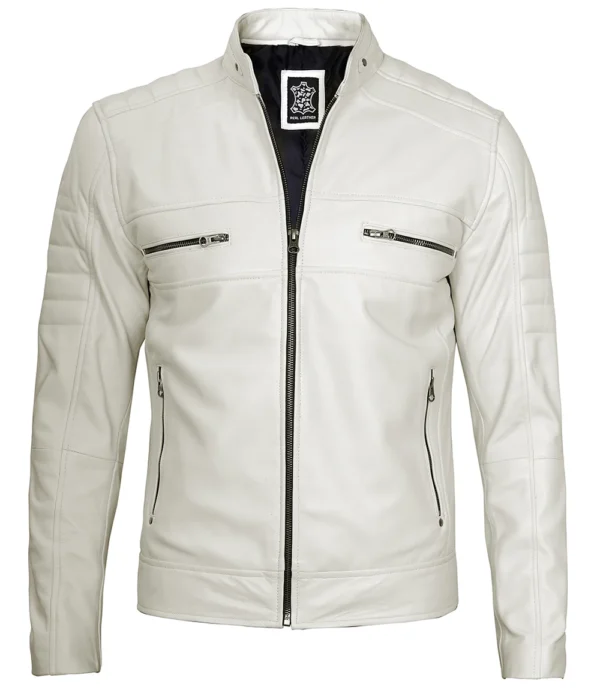 Mens Off White Leather Cafe Racer Jacket