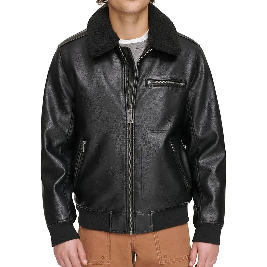 Mens Faux Black Bomber Leather Jacket