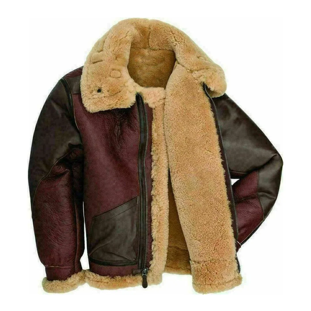 Mens Maroon Fur Shearling Bomber Real Leather Jacket