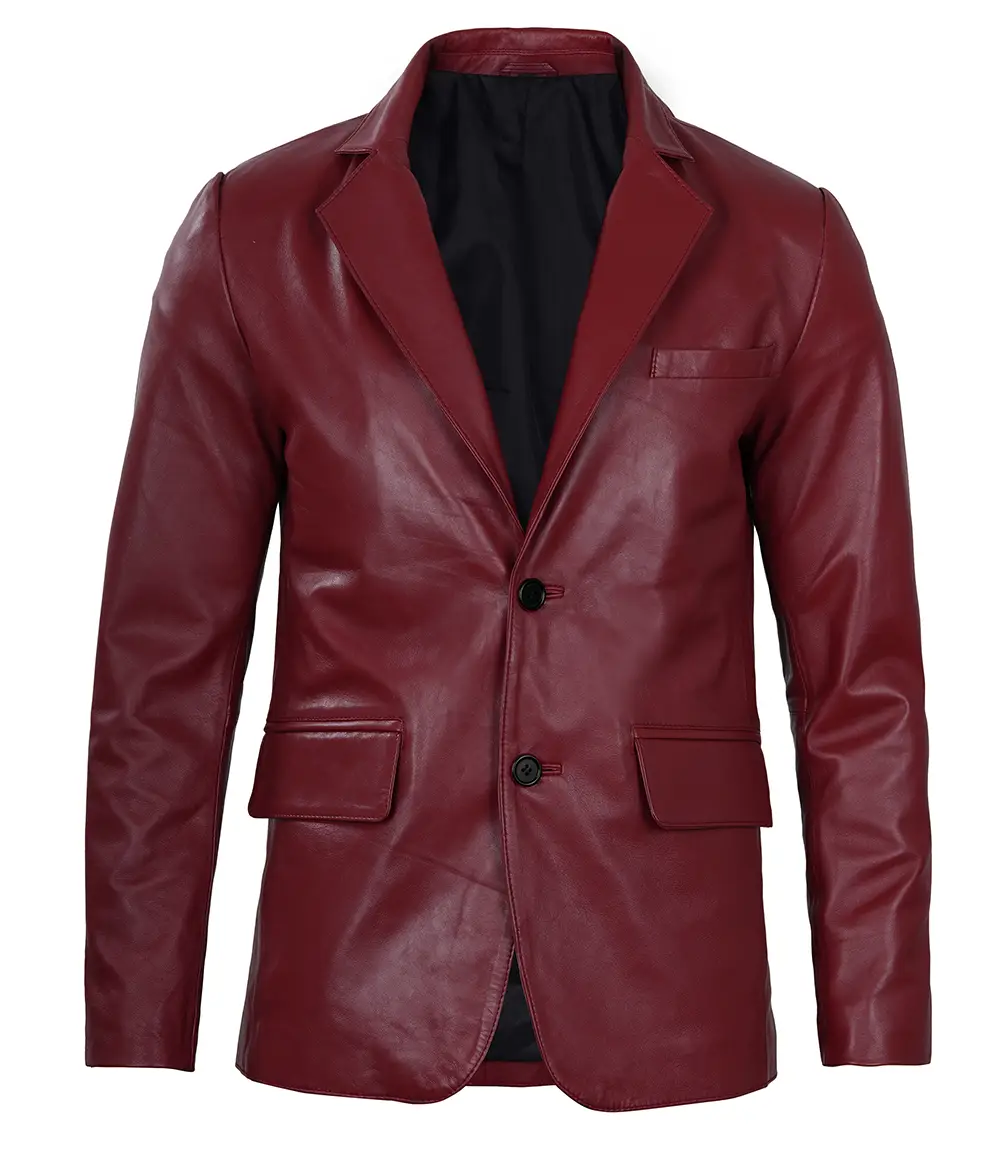 Men's Notch Lapel Maroon Leather Blazer – Two Button