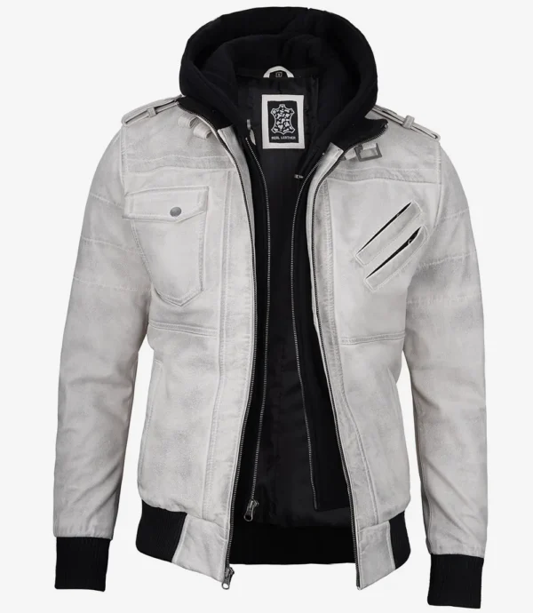 Mens Off White Waxed Leather Jacket with Hood
