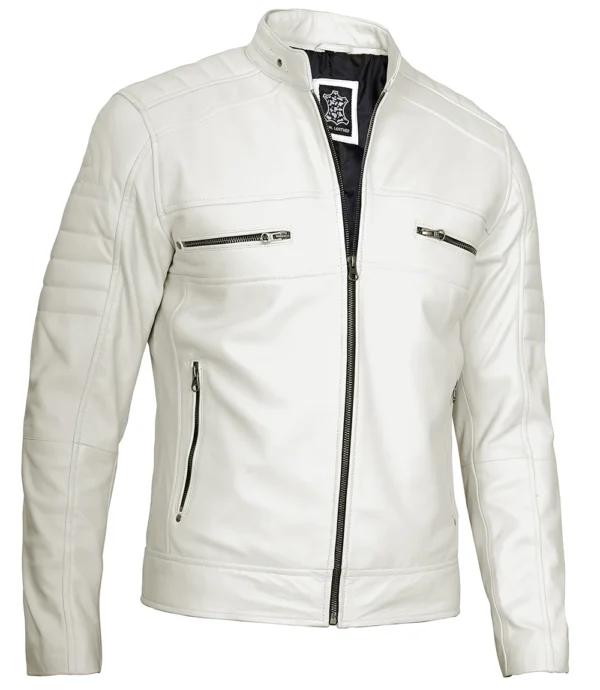 Mens Off White Leather Cafe Racer Jacket