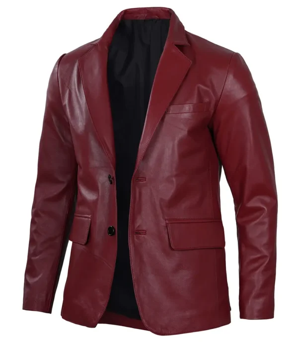 Men's Notch Lapel Maroon Leather Blazer – Two Button