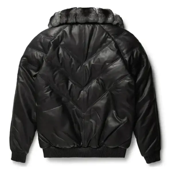 Mens Black Leather V Bomber Jacket