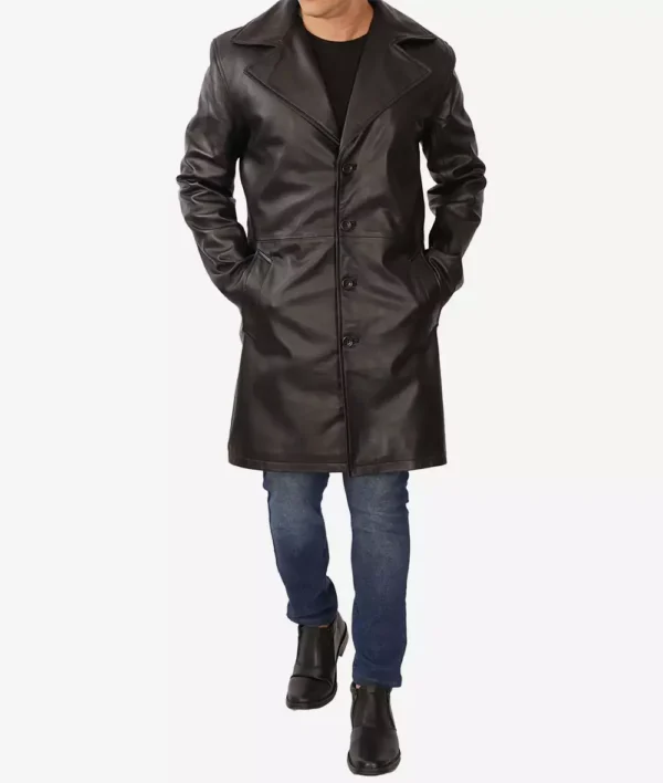 Men’s 3/4 button-up black lambskin coat