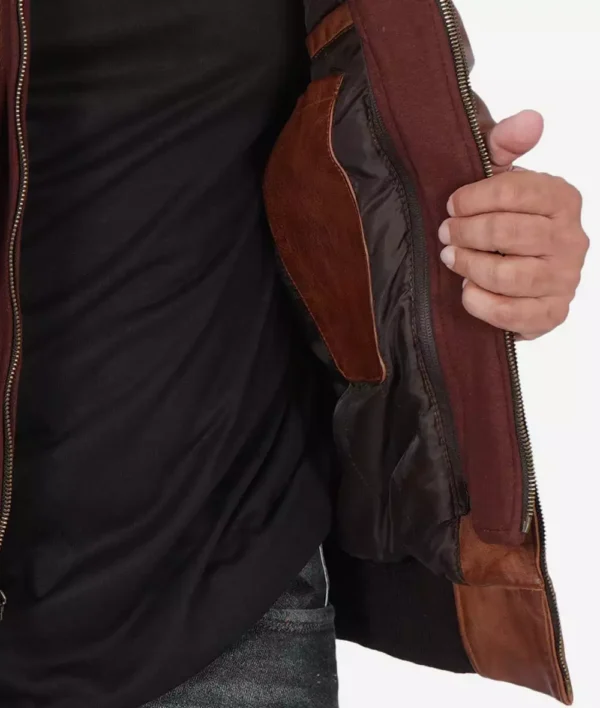 Men's hooded brown leather bomber jacket