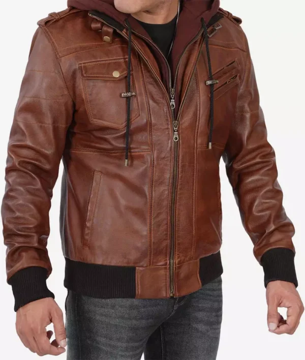 Vintage hooded brown leather bomber jacket