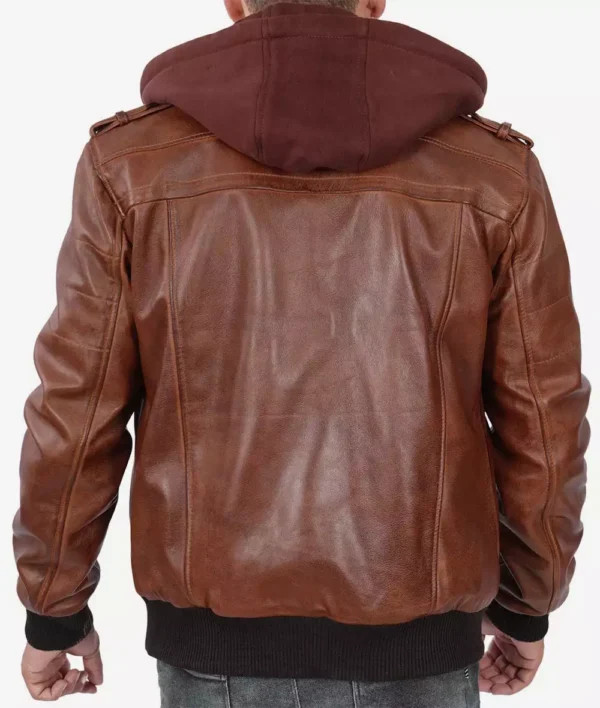 Brown leather bomber jacket with hood