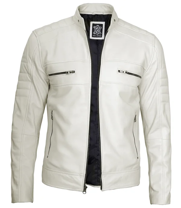 Mens Off White Leather Cafe Racer Jacket