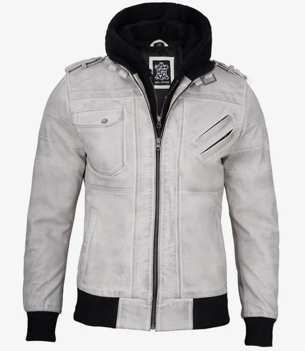 Mens Off White Waxed Leather Jacket with Hood