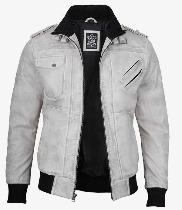 Mens Off White Waxed Leather Jacket with Hood