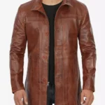 Men's Real Lambskin Brown Leather Cognac Car Coat