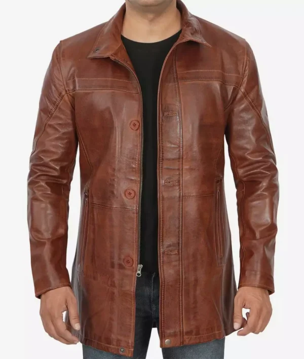 Men's Real Lambskin Brown Leather Cognac Car Coat
