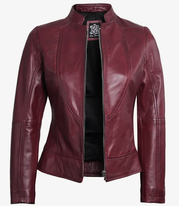 Maroon Cafe Racer Leather Jacket for Women