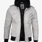 Mens Off White Waxed Leather Jacket with Hood