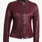Maroon Cafe Racer Leather Jacket for Women