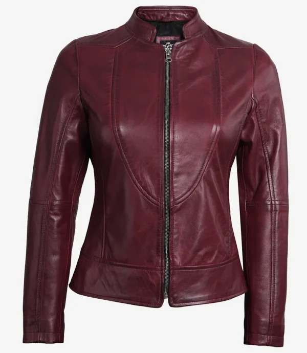 Maroon Cafe Racer Leather Jacket for Women