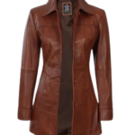 Womens Cognac Leather Coat - 3/4 Length