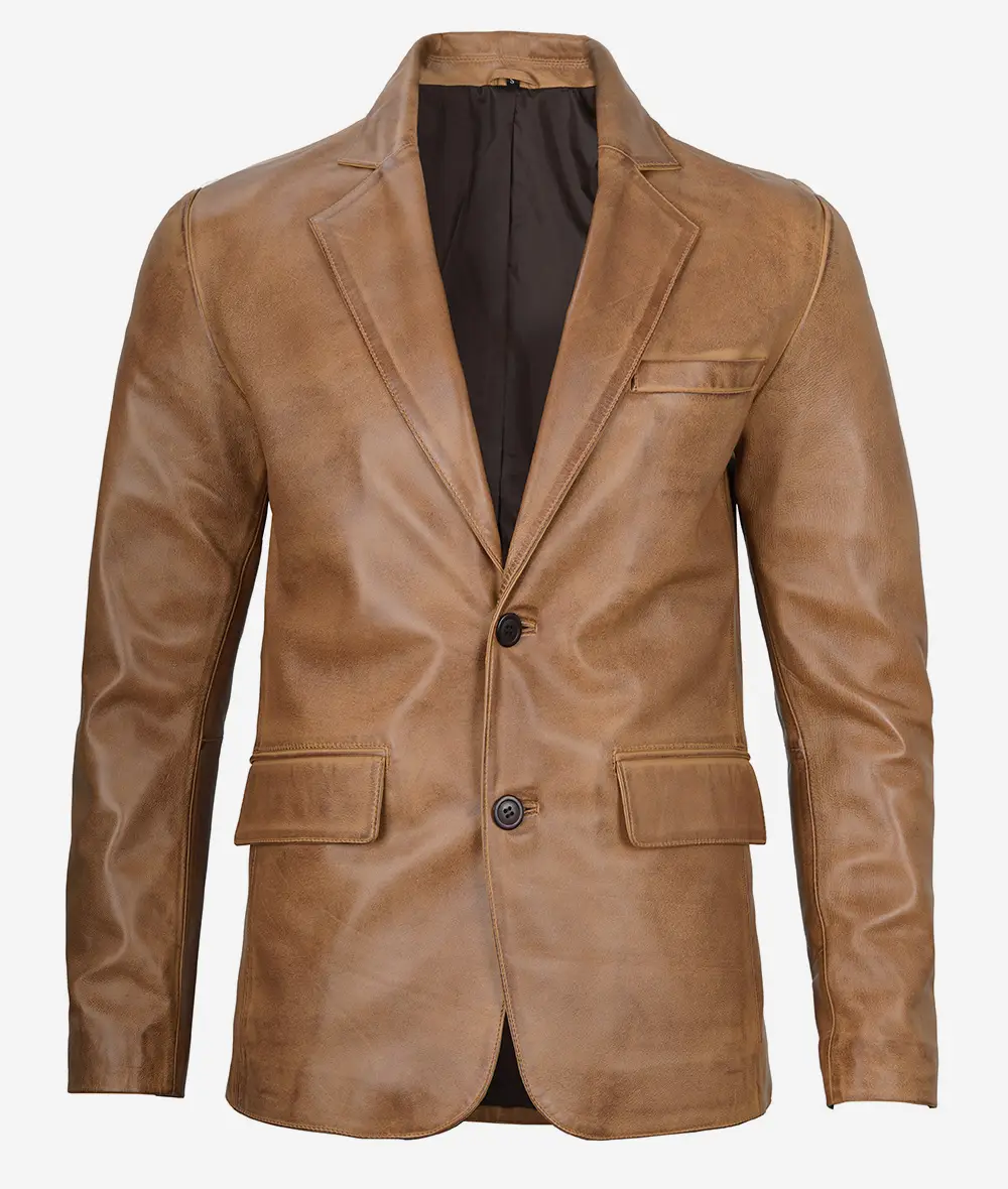 Mens Two Button Camel Brown Leather Blazer