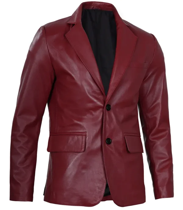 Men's Notch Lapel Maroon Leather Blazer – Two Button