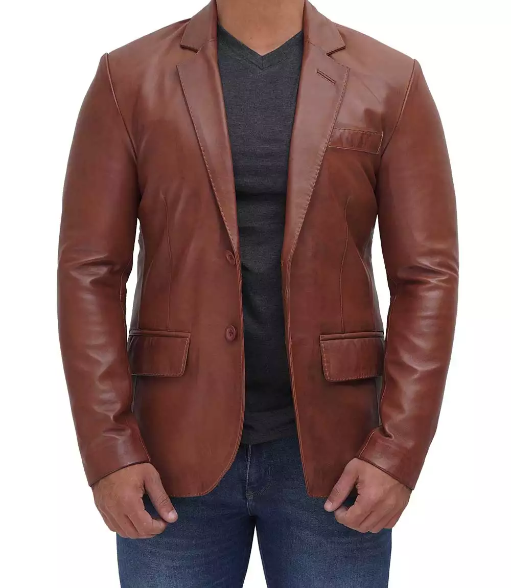 Two Button Tan Leather Blazer