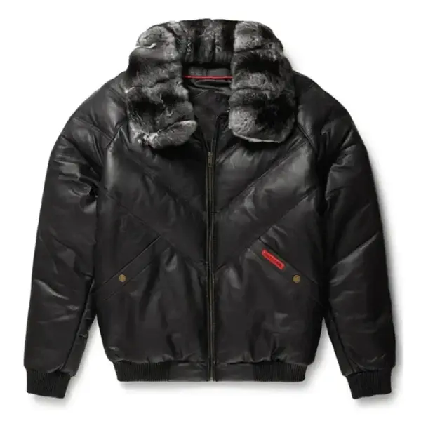 Mens Black Leather V Bomber Jacket