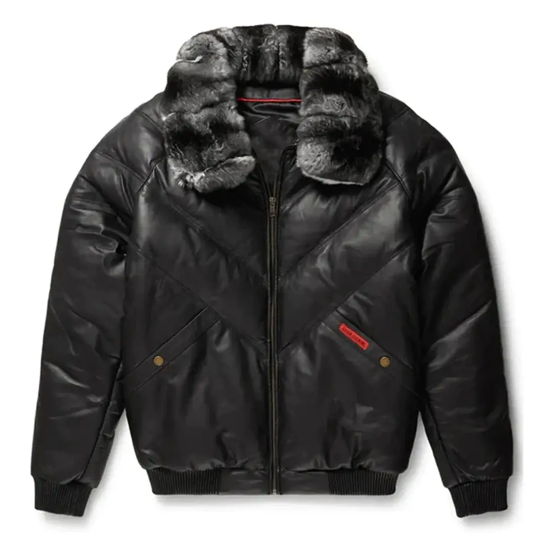 Mens Black Leather V Bomber Jacket