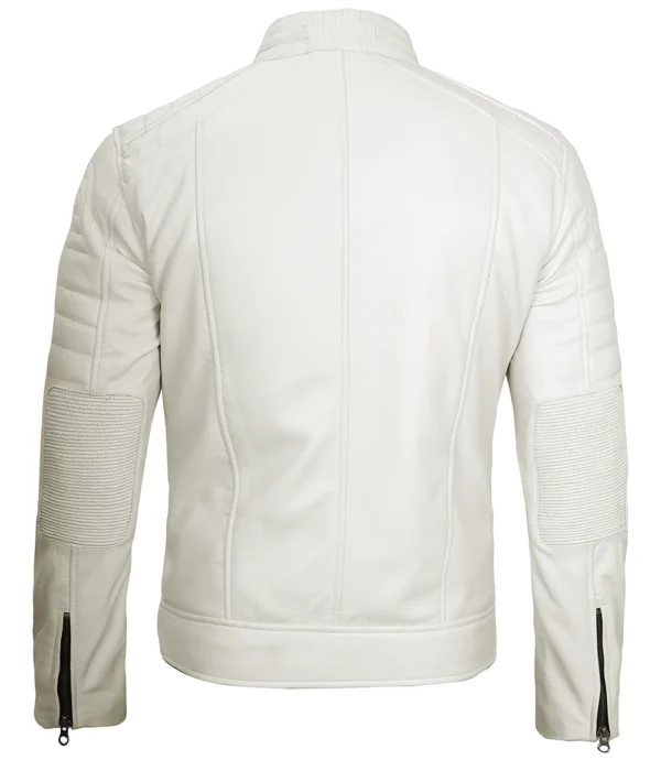 Mens Off White Leather Cafe Racer Jacket