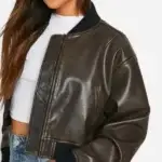 Womens Faux Leather Oversized Cropped Bomber Jacket