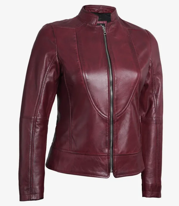 Maroon Cafe Racer Leather Jacket for Women