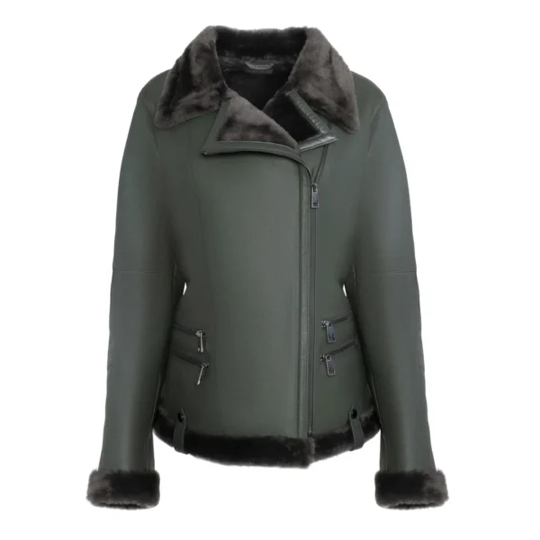 Womens Spanish Merino Shearling Green Leather Jacket
