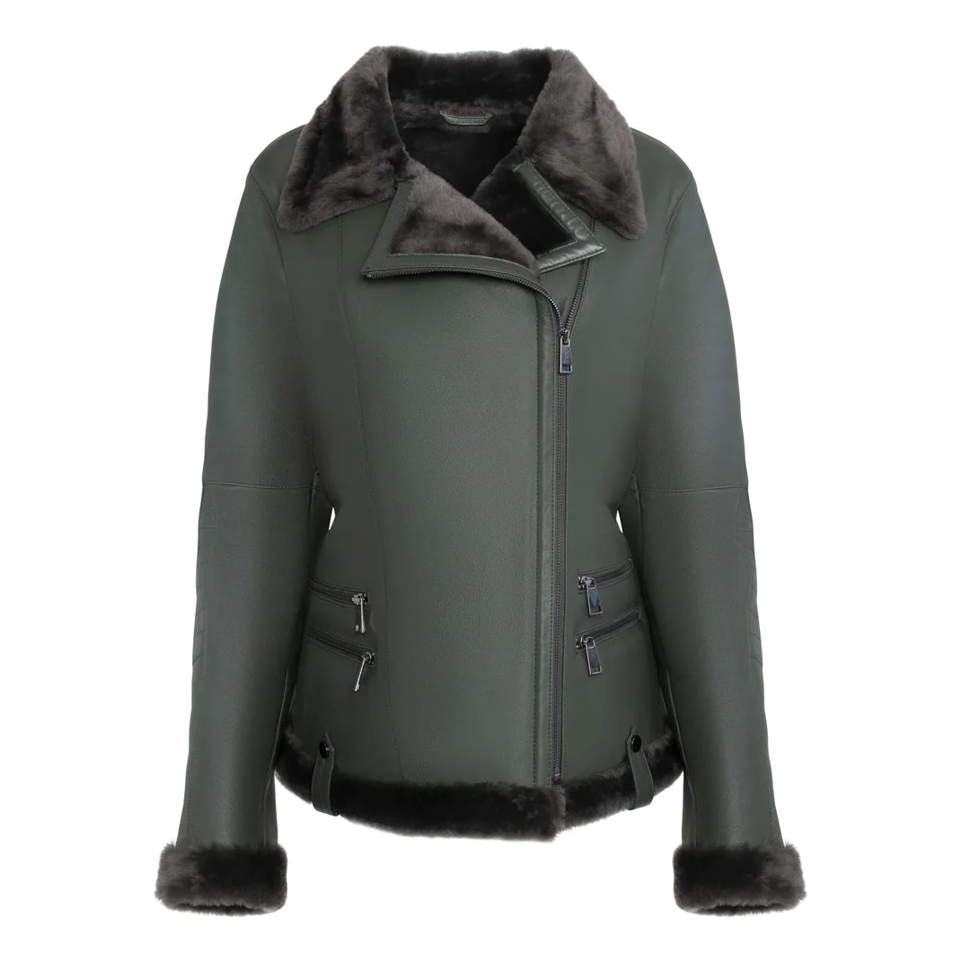 Womens Spanish Merino Shearling Green Leather Jacket