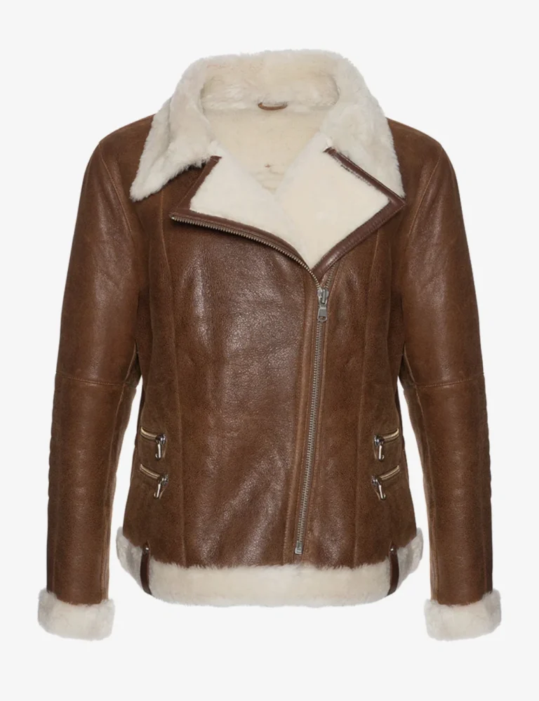 Womens White Fur Merino Shearling Brown Leather Jacket