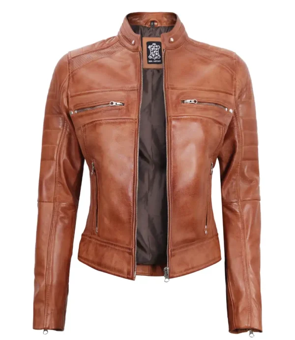 Classic Womens Tan Brown Cafe Racer Jacket - Image 4