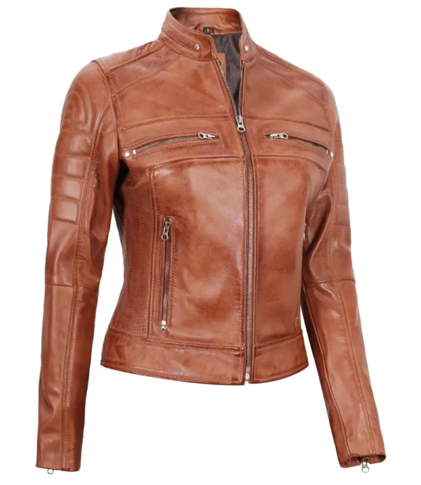 Classic Womens Tan Brown Cafe Racer Jacket - Image 3