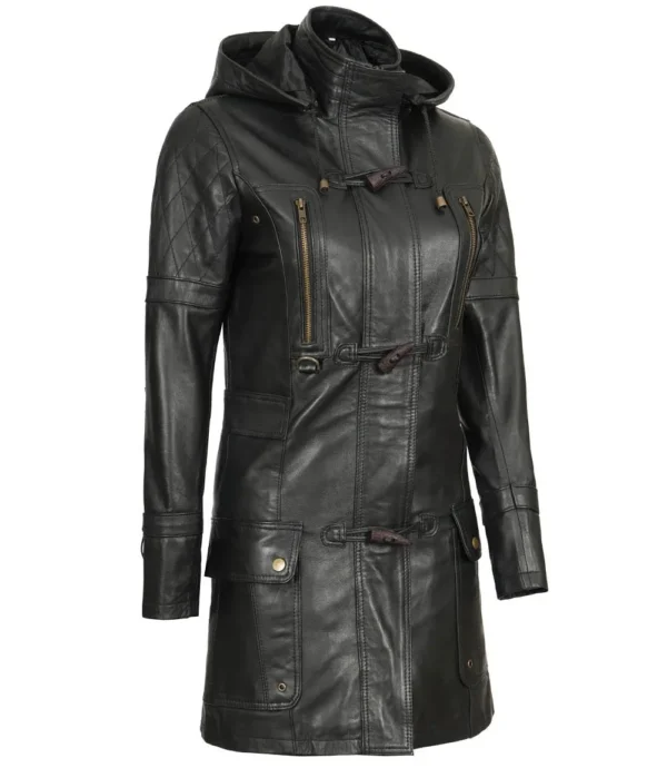 Black leather parka with hood for women
