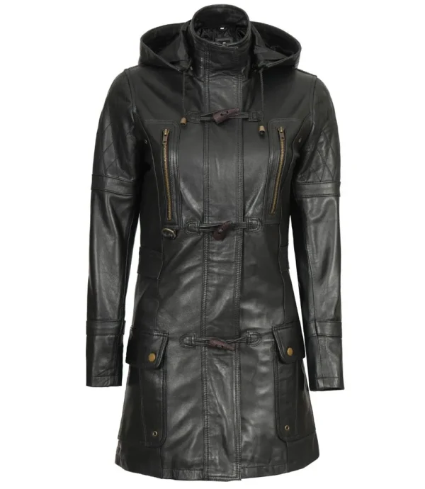 Hooded black leather trench coat for women