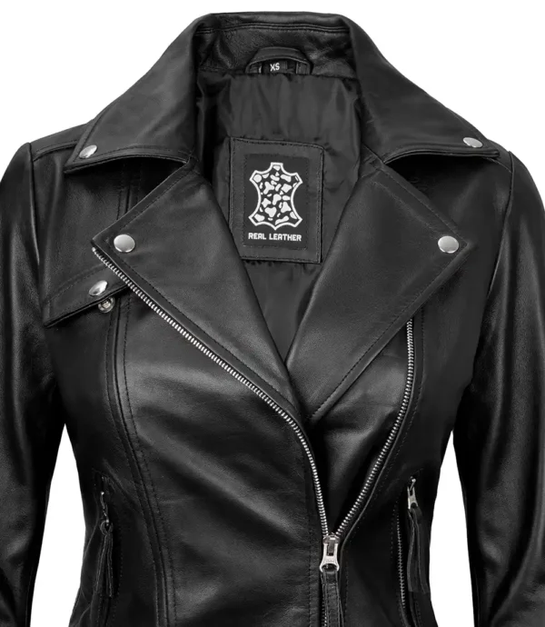 Womens Asymmetrical Real Black Leather Biker Jacket - Edgy Moto Style - Image 2